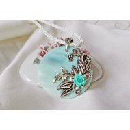 Винтидж колие син седеф с коралова роза